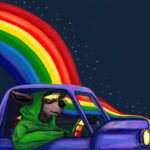Funky dog driving a violet car with a rainbow coming out of the front light