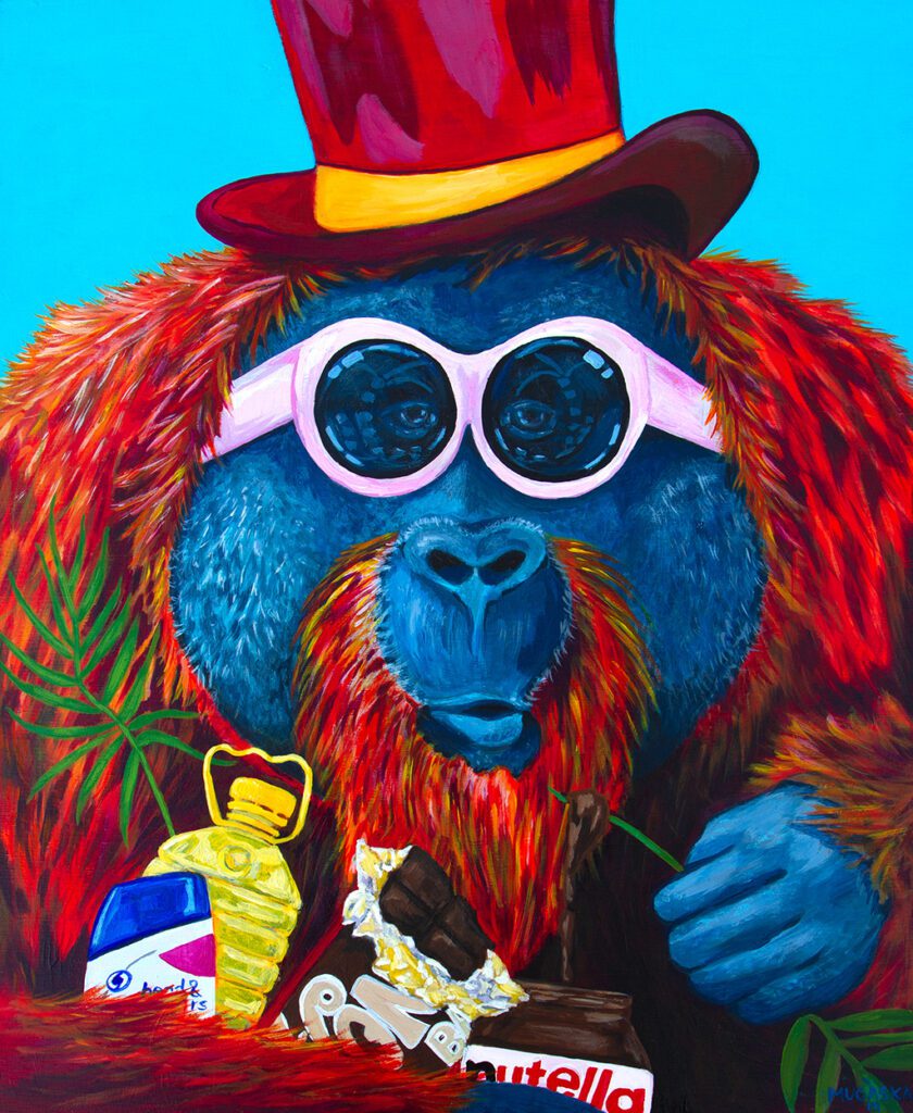 acrylic portrait of an orangutan dressed as Willy Wonka and eating chocolate with uncertified palm oil