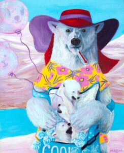 acrylic portrait of polar bear mum keeping her kids cold and happy in a thermal bag
