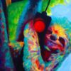 acrylic portrait of a sloth holding onto a red street signal light