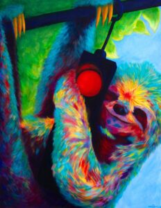 acrylic portrait of a sloth holding onto a red street signal light