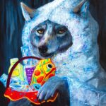 acrylic portrait of a wolf dressed in a bubble wrap hoodie and holding a basket of trash