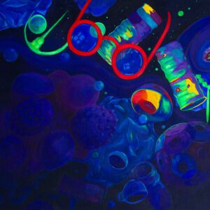 acrylic painting about phytoplankton surrounded by plastic and big red glasses