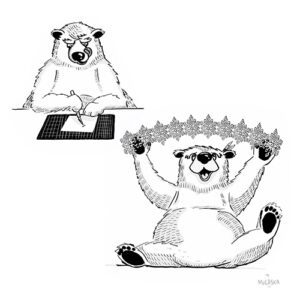digital drawing of a polar bear having some fun with creating paper snowflakes
