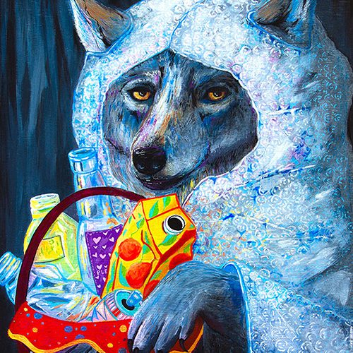 acrylic portrait of a wolf dressed in a bubble wrap hoodie and holding a basket of trash